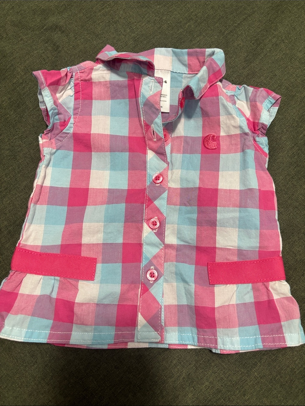 Carhartt Girls Pink & Light Blue Plaid Button Front Top